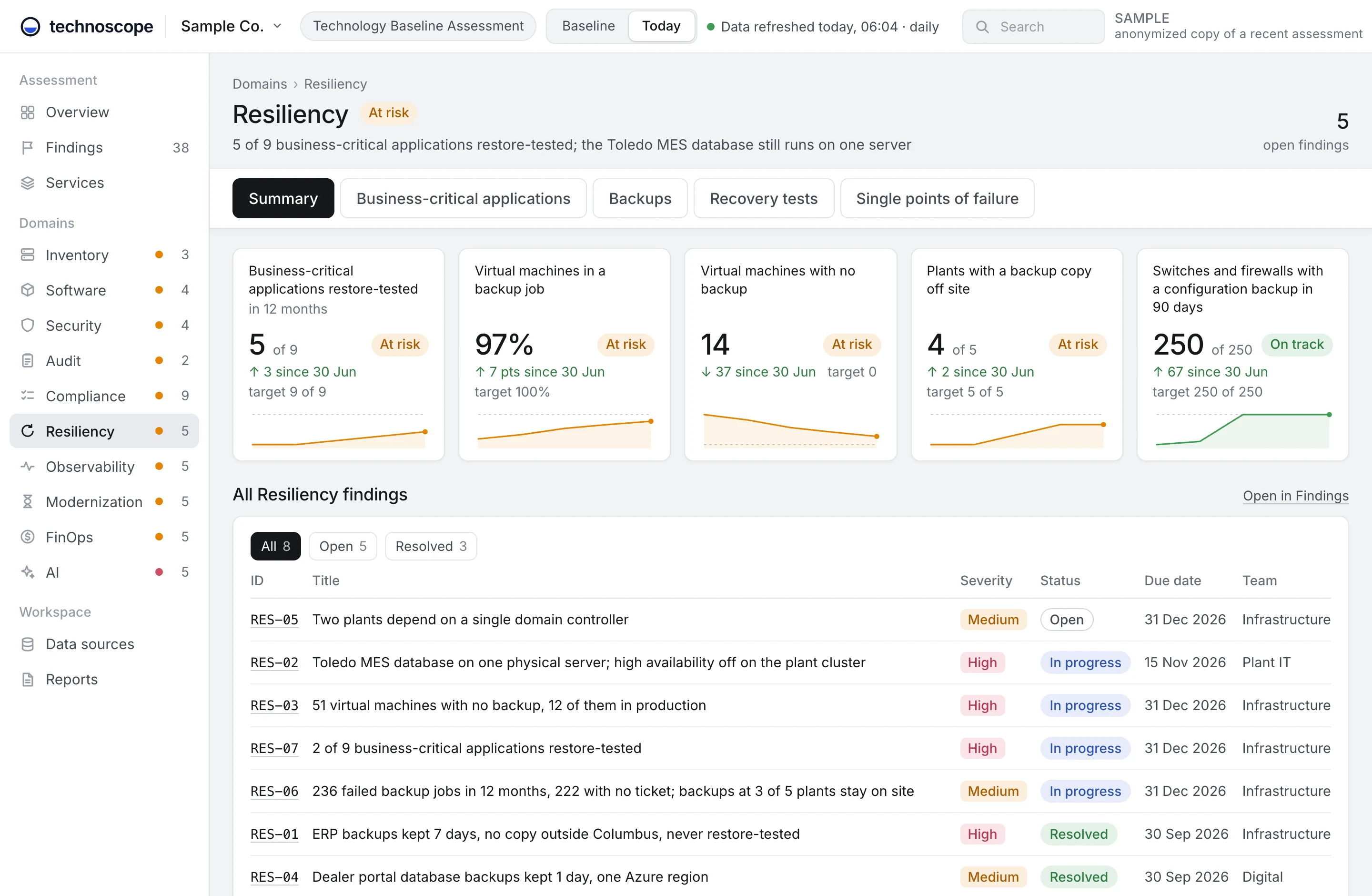 Resiliency domain of the sample assessment.